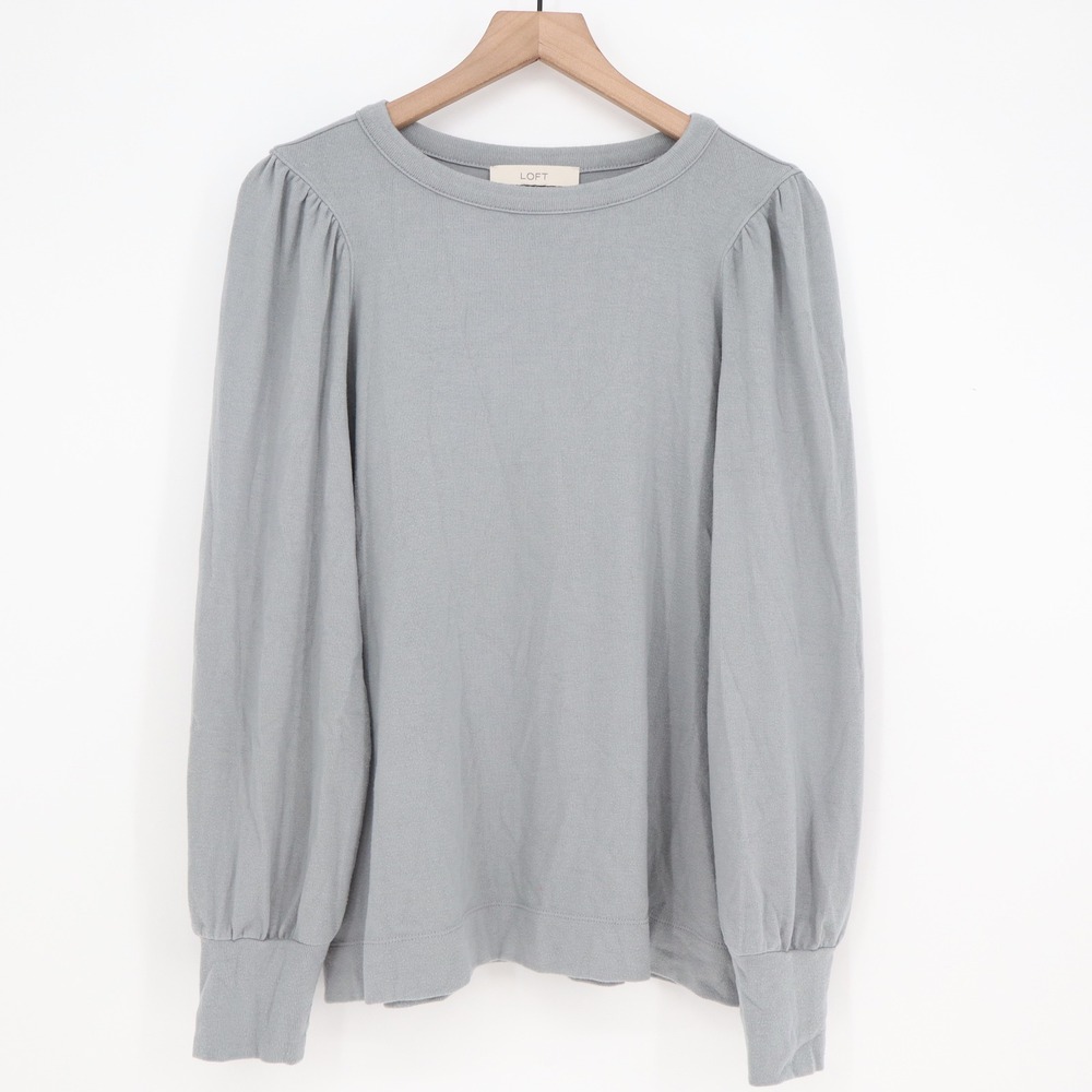 LOFT Top Womens XL Puff Sleeve Dusty Blue Crew Neck Knit Shirt Excellent